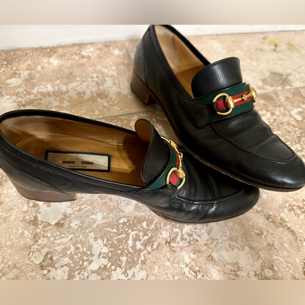 GUCCI UNISEX leather loafers green & red web